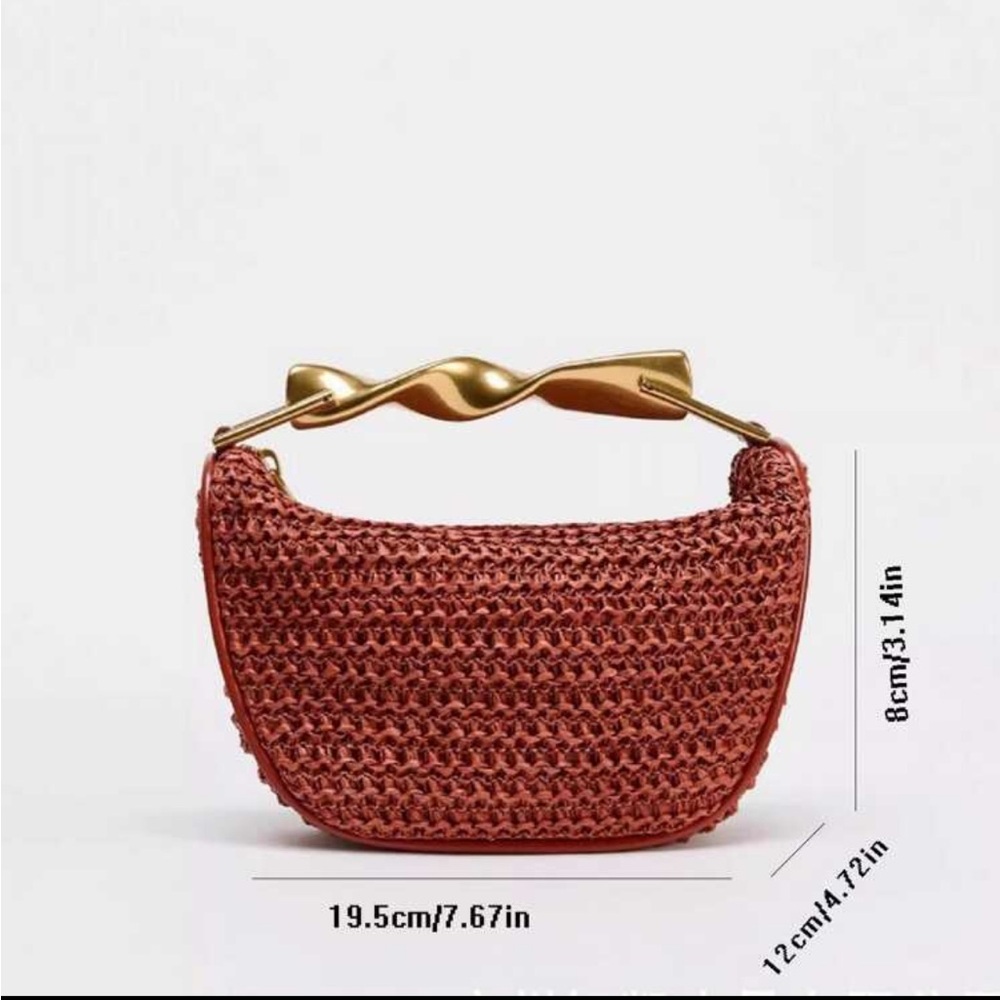 Brown woven crochet summer bag with gold top handle, removable crossbody straps - Picture 5 of 6